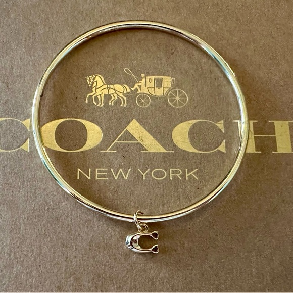 Coach Gold-tone Skinny Bangle Bracelet with Dainty Signature C Dangling Charm. - Picture 2 of 6